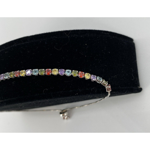 Sterling Silver 925 Lariat Tennis Bracelet w/ Multicolor Rainbow CZ Stones NEW - Picture 3 of 4